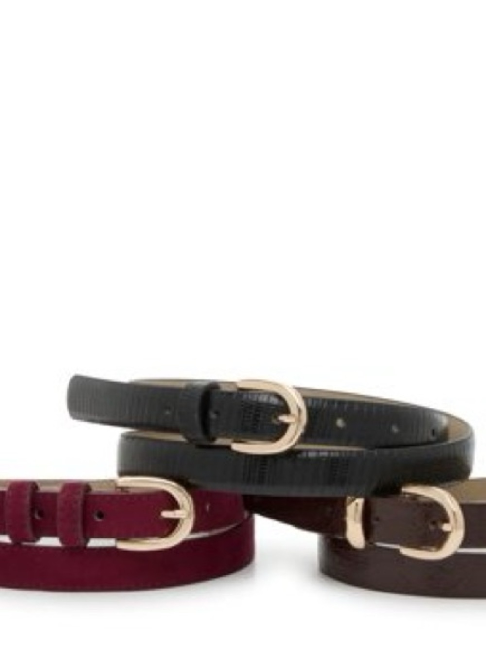 Steve Madden Slim Leather Belt Trio in Black, Burgundy & Brown
